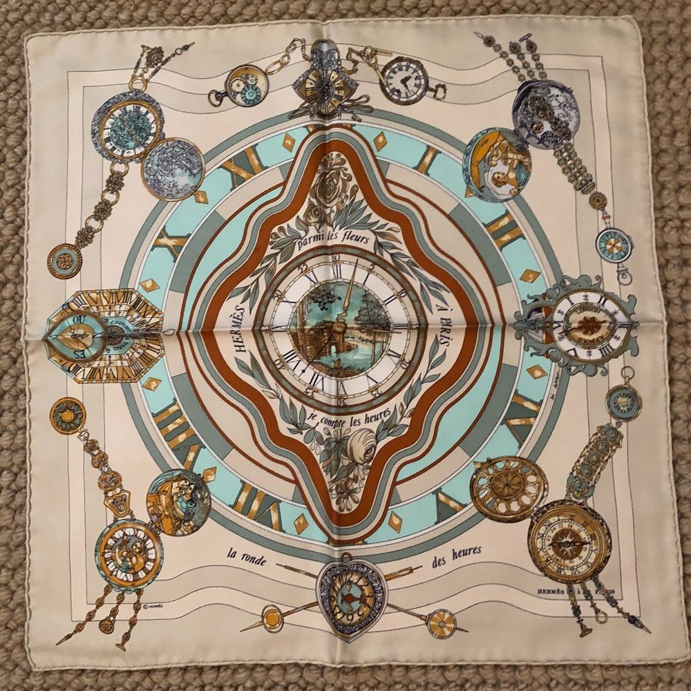 Hermes La Ronde des Heures Silk Scarf Pochette Pocket Square 45cm